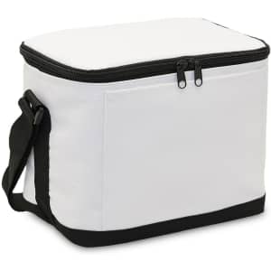 A cooler bag with a white body and black base, featuring a zip closure and a shoulder strap.