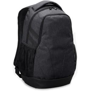 A grey laptop backpack featuring a spacious main compartment and mesh side pockets, with a logo on the front.