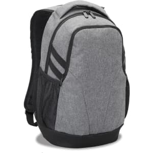 A grey laptop backpack featuring a textured design, black accents, and side mesh pockets. It also has a logo.