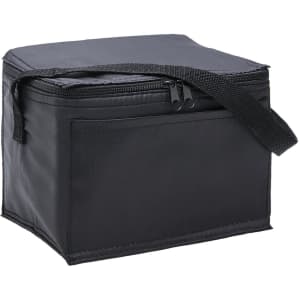 A black cooler bag with a zip closure and a sturdy handle for easy carrying. It features a simple design.