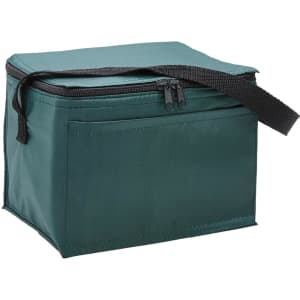A cooler bag in dark green with a zip closure and a carrying strap. It features a plain design and a front pocket.