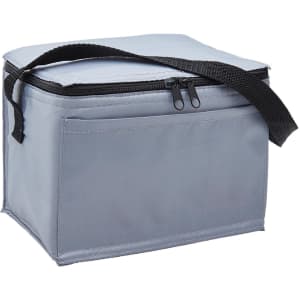 A grey cooler bag with a black strap and zippered closure, featuring one side pocket and a branded logo.