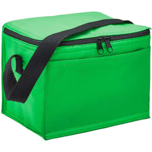 A green cooler bag with a zippered closure and a shoulder strap, featuring a front pocket.