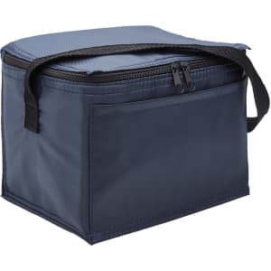 A navy blue cooler bag with a zippered closure and a carrying handle. It has a flat side pocket and a simple design.