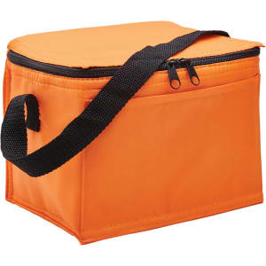 An orange cooler bag with a zippered closure and a black shoulder strap. It features a sturdy, rectangular design.