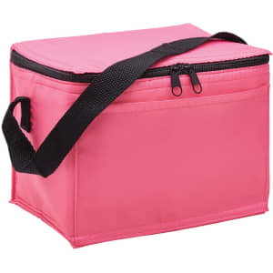 A pink cooler bag with a black strap and zipper, featuring a front pocket and a rectangular shape. It has a logo.