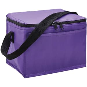A purple cooler bag with a zippered top and a black strap, featuring a front pocket and flat base.