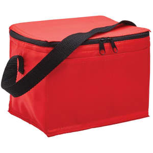 A red cooler bag with a zip closure and a black adjustable shoulder strap. It features a simple design and has a logo.