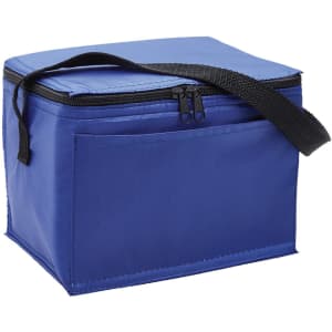 A blue cooler bag with a zippered closure and a black shoulder strap. It features a side pocket and a logo.