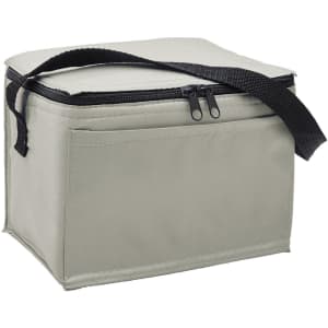 A cooler bag in a light grey colour with a zippered closure and a black strap for easy carrying.