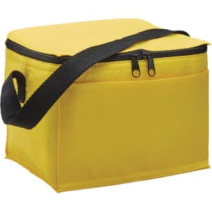A yellow cooler bag with a black zipper and a shoulder strap, featuring a front pocket. It has a logo.