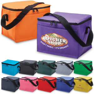 A cooler bag in orange and purple, featuring various other colours including grey, pink, green, blue, and black. It has a logo.