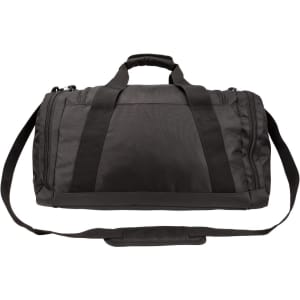 A black duffle bag with multiple straps and a padded handle, featuring a logo on the side.