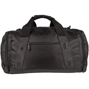 A black duffle bag featuring dual handles, front and side pockets, and a logo.
