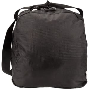 A black duffle bag with a textured surface and an adjustable shoulder strap. The bag has a logo.