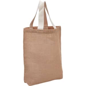 A reusable grocery bag in a natural brown colour with white handles. The bag has a simple design and a fabric texture.