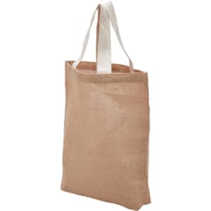 A reusable grocery bag in a natural beige colour with white straps and a simple design. It features a logo on the side.