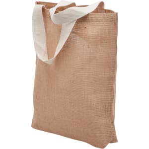 A reusable grocery bag in natural jute with white handles and a simple design, featuring a logo.
