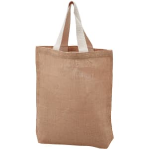 A brown reusable grocery bag with white handles, featuring a logo on the front.