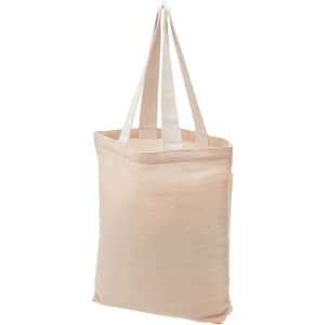 A beige tote bag with two fabric handles. The bag has a simple design and features a logo.