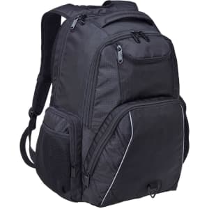 A black laptop backpack featuring multiple compartments and a mesh side pocket. It has a logo on the front.