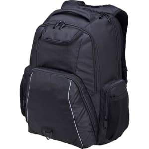 A black laptop backpack with multiple pockets and zippers, featuring a sleek design and a subtle logo.