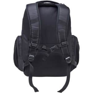 A black laptop backpack with padded shoulder straps and mesh detailing, featuring multiple compartments and a logo.