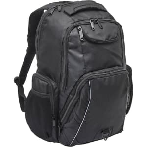A black laptop backpack featuring multiple compartments and pockets, designed for carrying laptops and accessories.