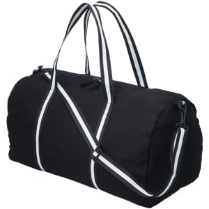A black canvas duffle bag with contrasting striped straps, featuring two handles and an adjustable shoulder strap.