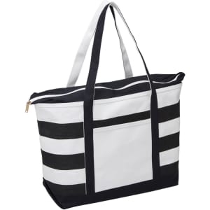 A striped black and white premium boat tote bag with sturdy handles and a zippered closure.