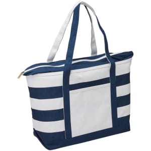 A large tote bag in navy and white, featuring stripes and sturdy handles, with a zip closure and a front pocket.
