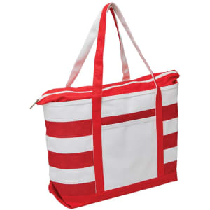 A red and white tote bag with a zip closure and outer pocket, featuring sturdy straps and a logo.