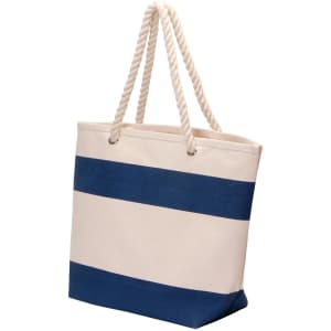 A cotton canvas tote with a cream base and navy blue stripes, featuring sturdy rope handles and a logo.