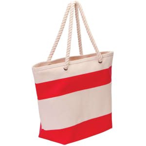 A beige cotton canvas tote bag with red stripes and rope handles, featuring a logo on the side.