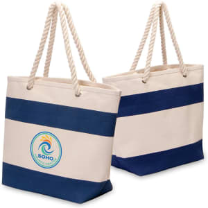 A navy and cream striped tote bag with twisted handles and a logo on the front.