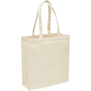 A heavy duty canvas tote bag in natural beige with a gusset for extra space and sturdy handles.