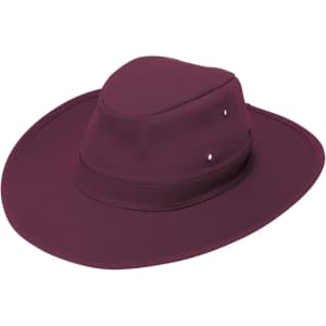 A maroon slouch hat with a wide brim and small metal accents, featuring a logo on the side.