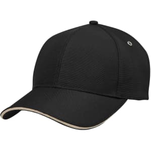 A black cap with a contrasting beige trim and an eyelet on the side, featuring a logo on the front.