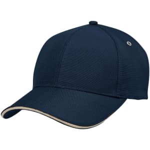 A navy cap with a contrasting trim and a logo on the side.