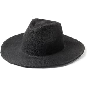 A black straw hat with a wide brim and a slightly tapered crown, featuring a textured finish.