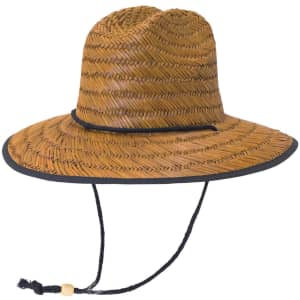A straw hat in burnt straw colour with a flat brim and an adjustable chin strap. Features a decorative black band.