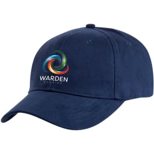 A navy cap featuring a curved brim and an embroidered logo on the front.