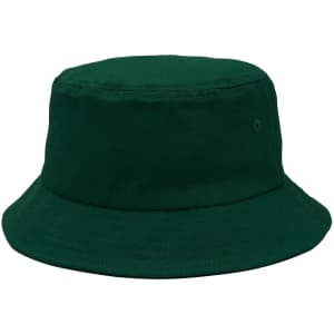 A green bucket hat featuring a simple design and a small logo on the side.