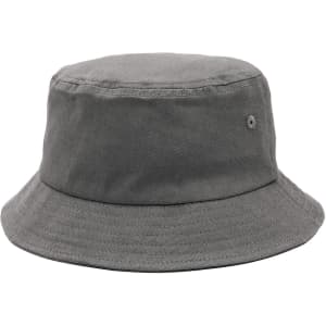 A grey bucket hat with a wide brim and a small branding logo. Ideal for casual wear.
