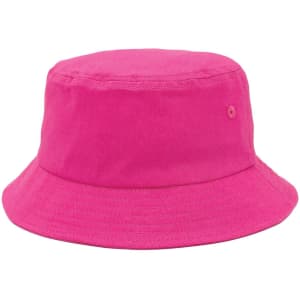 A pink bucket hat with a simple design and stitching details, featuring a small logo.