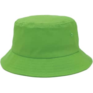 A green bucket hat with a wide brim and a simple design. It features a logo on the side.