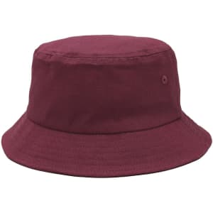 A maroon bucket hat with a wide brim and a small logo. The fabric appears smooth and durable.