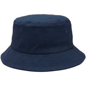 A navy bucket hat with a wide brim and a small logo on the side.