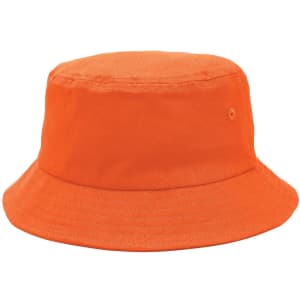 An orange bucket hat made of fabric with a wide brim. It features a small logo.