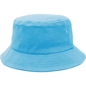 A light blue bucket hat with a wide brim, featuring a small logo on the side.